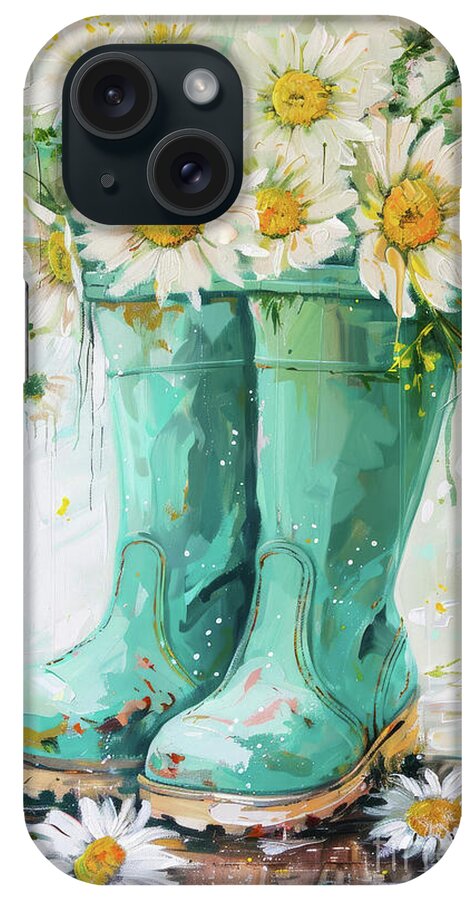 Daisies iPhone Case featuring the painting Teal Rain Boots by Tina LeCour