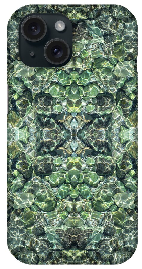Beach iPhone Case featuring the digital art Teal sea water, stones and symmetry by Adriana Mueller