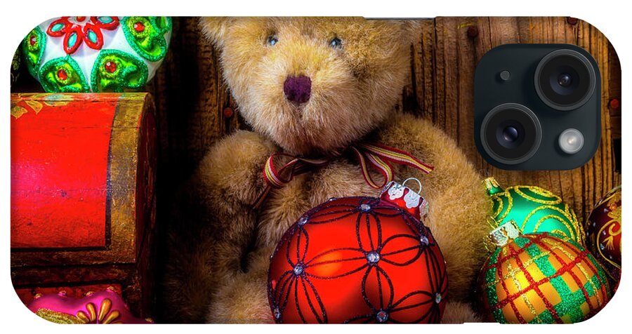 Abundance Red Fancy iPhone Case featuring the photograph Teddy Bear And Christmas Ornaments by Garry Gay