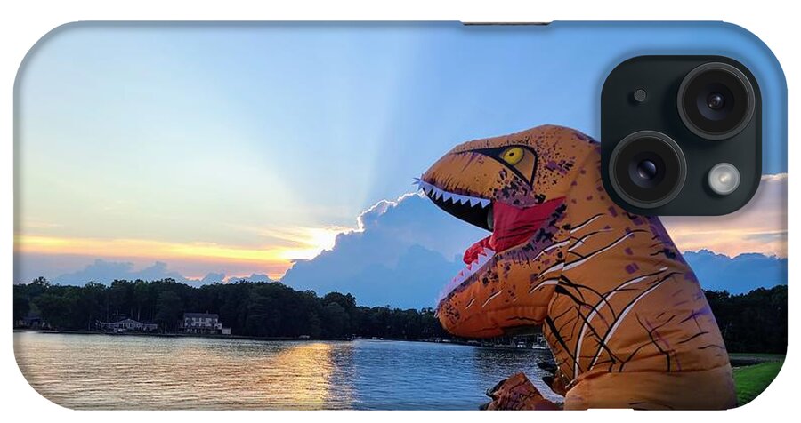 T-rex iPhone Case featuring the photograph Tedisaurus by the lake at sunset by Elena Pratt