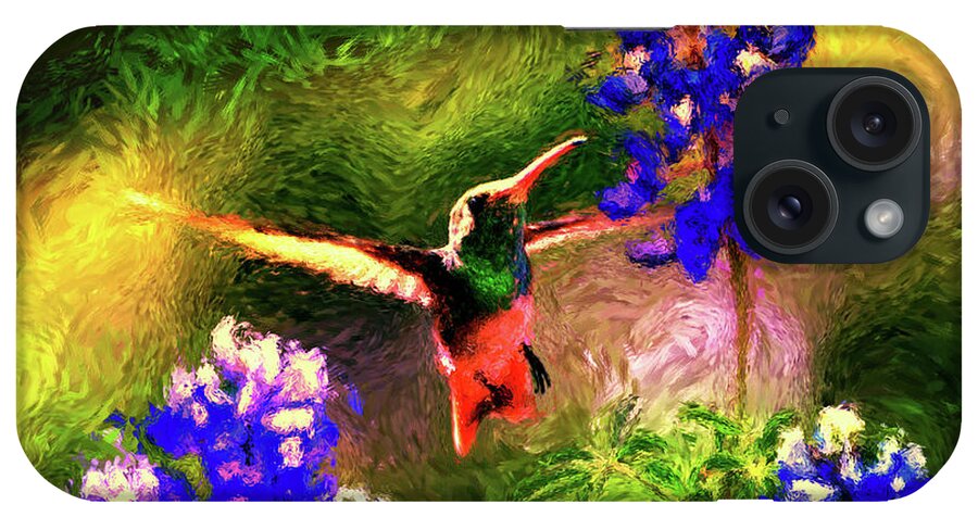 Hummingbird iPhone Case featuring the painting Texas Bluebonnet Hummingbird by Daniel Adams by Daniel Adams
