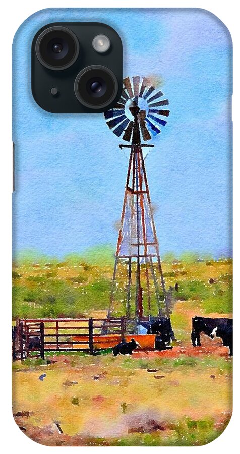 Windmill iPhone Case featuring the painting Texas Landscape Windmill and Cattle by Carlin Blahnik CarlinArtWatercolor