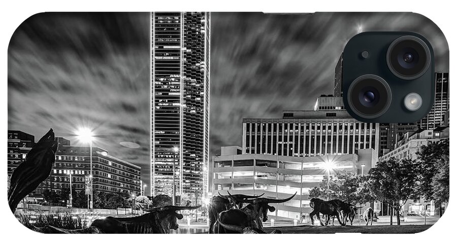 Dallas Skyline iPhone Case featuring the photograph Texas Longhorn Cattle Drive To the Dallas Skyline - Black and White by Gregory Ballos