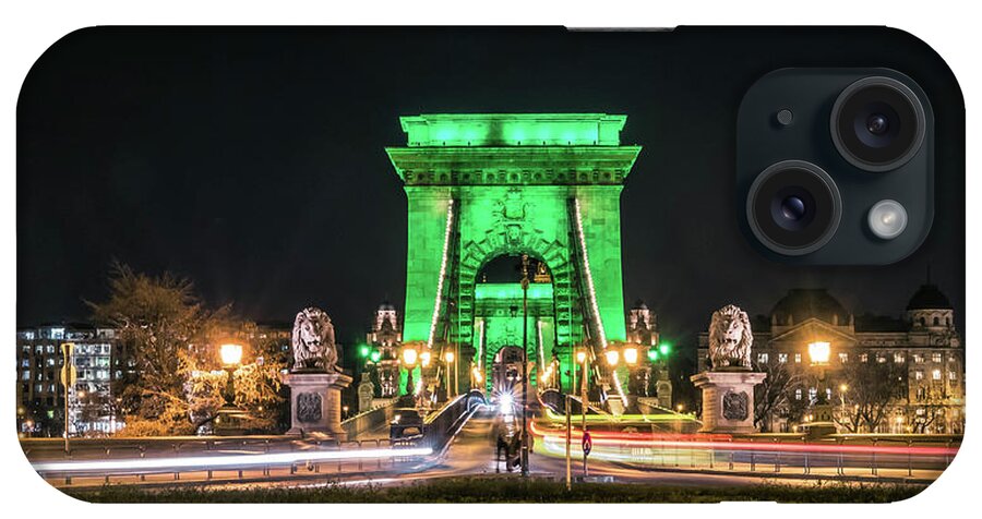 Budapest iPhone Case featuring the photograph The Chain Bridge in Budapest illuminated in Kelly Green for St. Patrick's Day. by Tito Slack