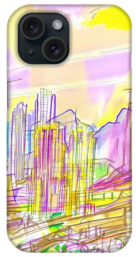 Painting iPhone Case featuring the painting The city of yellow mountain Painting painting strokes trees watercolor buildings ballpoint pens colors drawing ink land landscape mountains by N Akkash