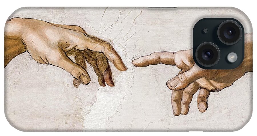 Michelangelo Buonarroti iPhone Case featuring the painting The Creation of Adam, detail by Michelangelo