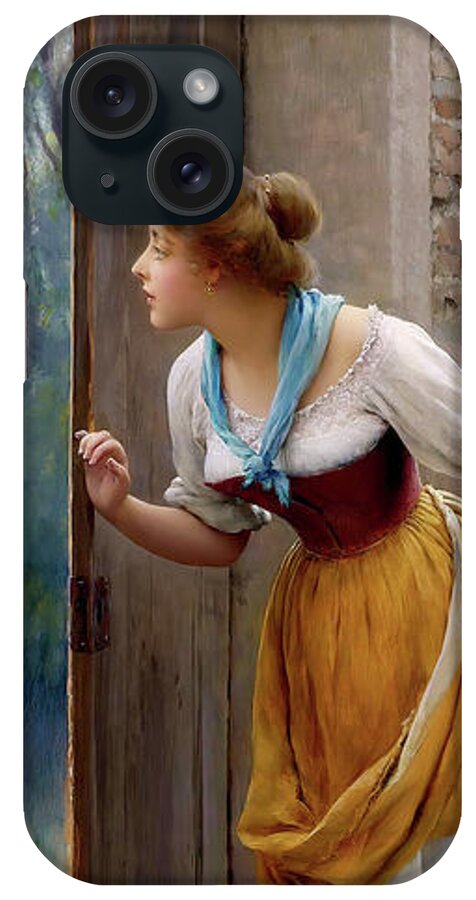 The Eavesdropper iPhone Case featuring the painting The Eavesdropper by Eugen von Blaas Remastered Xzendor7 Classical Fine Art Reproductions by Xzendor7