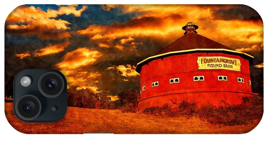 Fountaingrove iPhone Case featuring the digital art The Fountaingrove Round Barn, near Santa Rosa, California, in sunset light by Nicko Prints