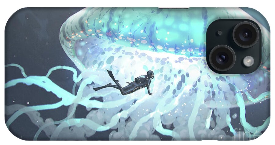 Illustration iPhone Case featuring the painting The Glowing Jellyfish On The Deep Sea by Tithi Luadthong