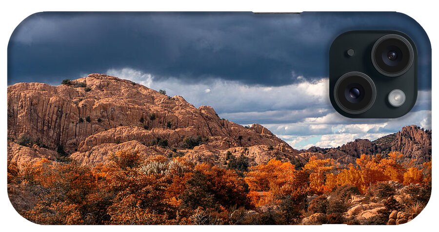 Fall Colors Granite Dells Boulders Water Lake Revivor Fstop101 Prescott Arizona Red Blue Colorful Rock Dark Clouds Summer Monsoon Storm iPhone Case featuring the photograph The Granite Dells Bathed in Fall Colors by Geno