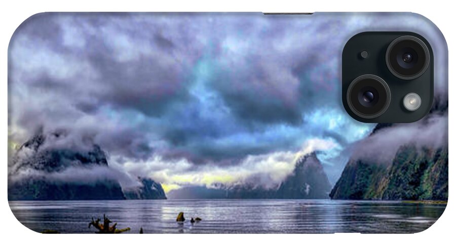 Milford Sound iPhone Case featuring the photograph The Milford Sound fiord. New Zealand's Fiordland national park by Lena Owens - OLena Art Vibrant Palette Knife and Graphic Design