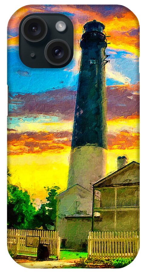 Pensacola Lighthouse iPhone Case featuring the digital art The Pensacola lighthouse and maratime museum at sunset - digital painting by Nicko Prints
