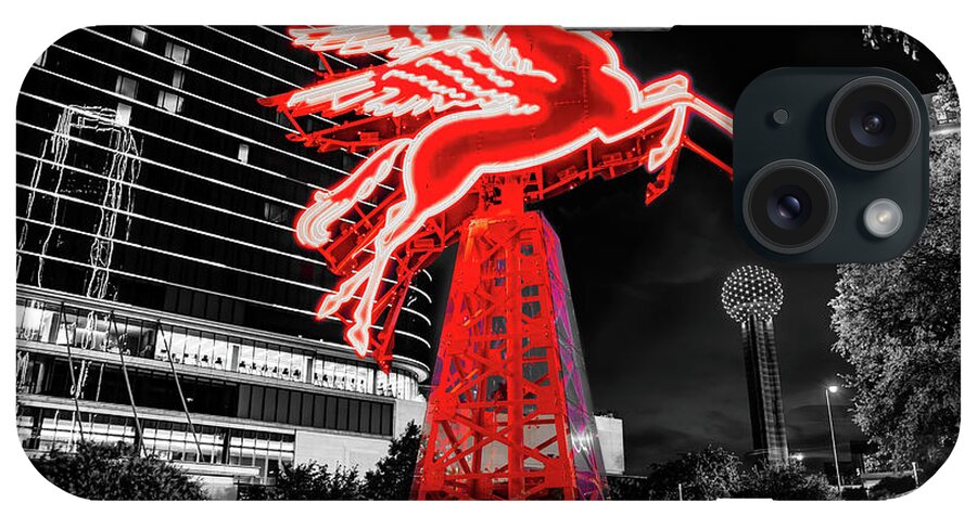 Dallas Pegasus iPhone Case featuring the photograph The Red Pegasus In Downtown Dallas And Reunion Tower - Selective Color by Gregory Ballos