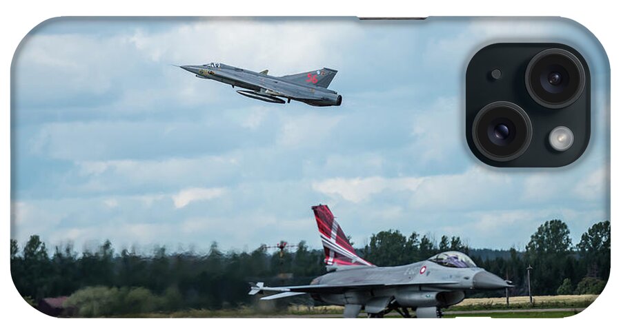 Take Off iPhone Case featuring the photograph The retired Swedish J35 Draken take off and the taxing Danish F16 Fighting Falcon by Torbjorn Swenelius