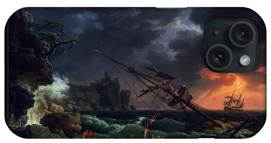 The Shipwreck iPhone Case featuring the painting The Shipwreck by Claude Joseph Vernet Old Masters Fine Art Reproduction by Rolando Burbon