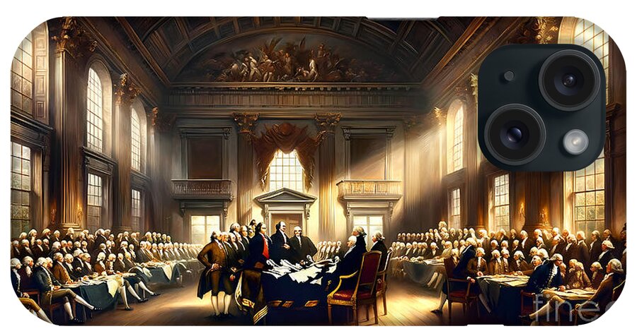 History iPhone Case featuring the painting The signing of the Declaration of Independence, in a grand historical painting style by Jeff Creation
