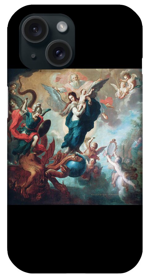 The Virgin Of The Apocalypse iPhone Case featuring the painting The Virgin of the Apocalypse by Miguel Cabrera 1760 by Miguel Cabrera