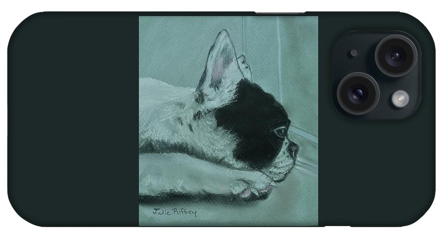 Boston Terrier iPhone Case featuring the pastel The Wait  Boston Terrier by Julie Brugh Riffey