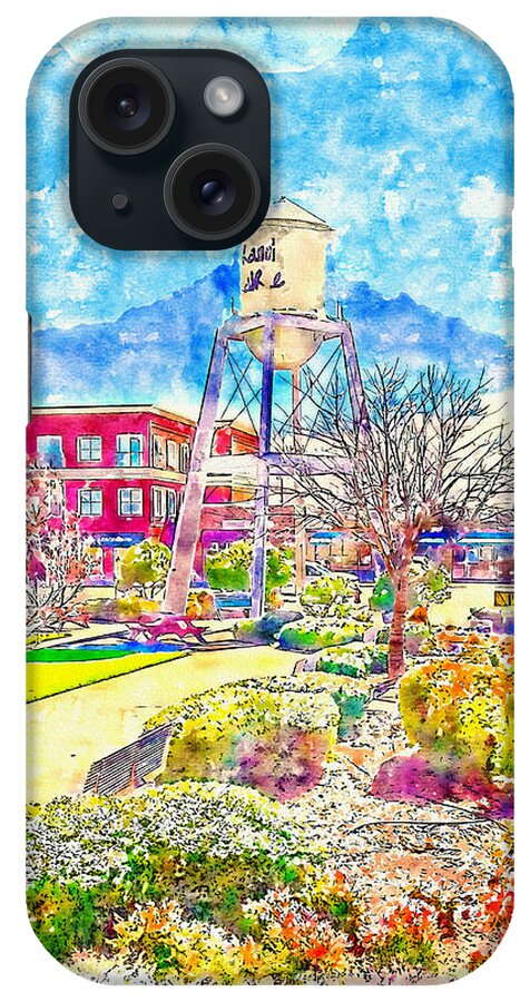Water Tower iPhone Case featuring the digital art The Water tower in Market Square, Grand Prairie, Texas - pen sketch and watercolor by Nicko Prints