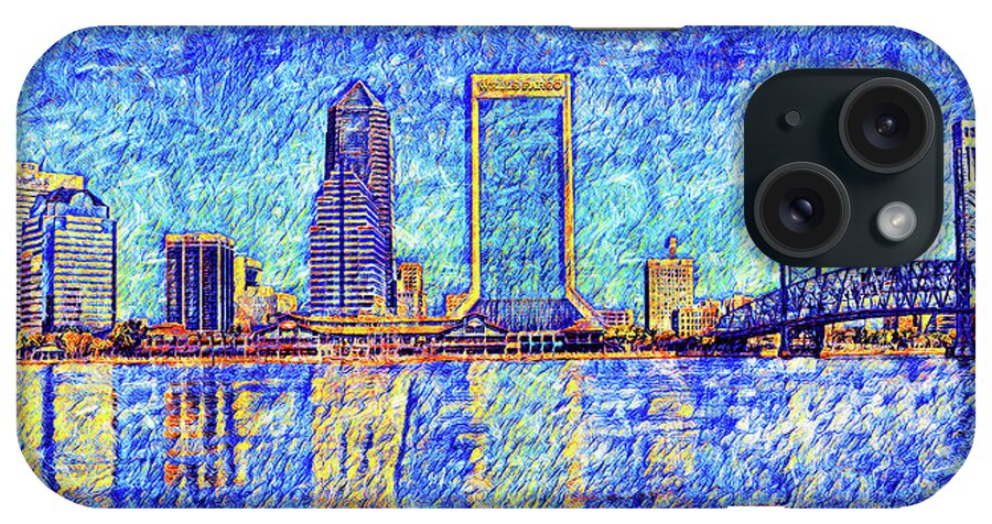 Downtown Jacksonville iPhone Case featuring the digital art The waterfront of downtown Jacksonville, Florida - digital painting by Nicko Prints