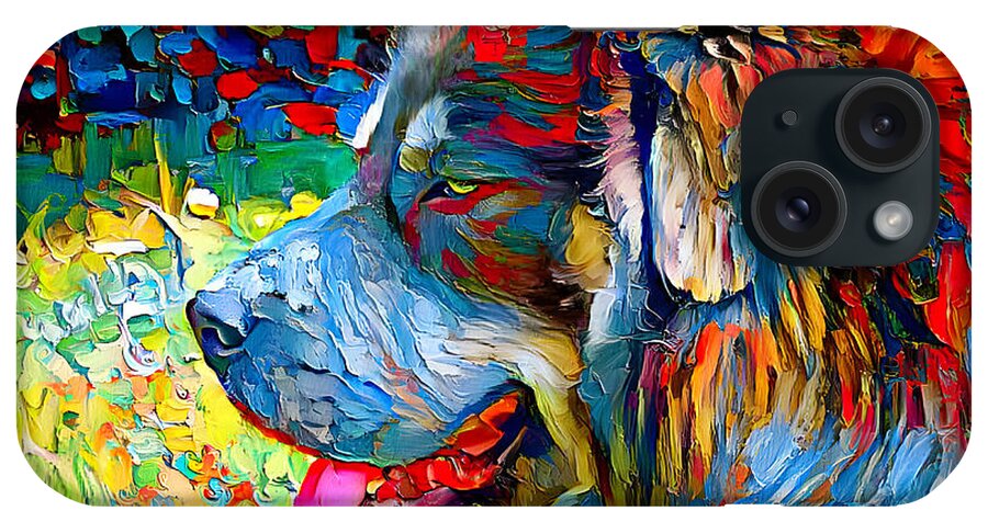 Tibetan Mastiff iPhone Case featuring the digital art Tibetan Mastiff dog sitting profile with its mouth open - colorful palette knife oil texture by Nicko Prints