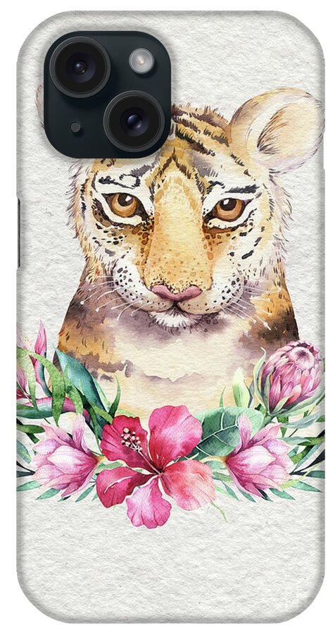 Tiger With Flowers iPhone Case featuring the painting Tiger With Flowers by Nursery Art