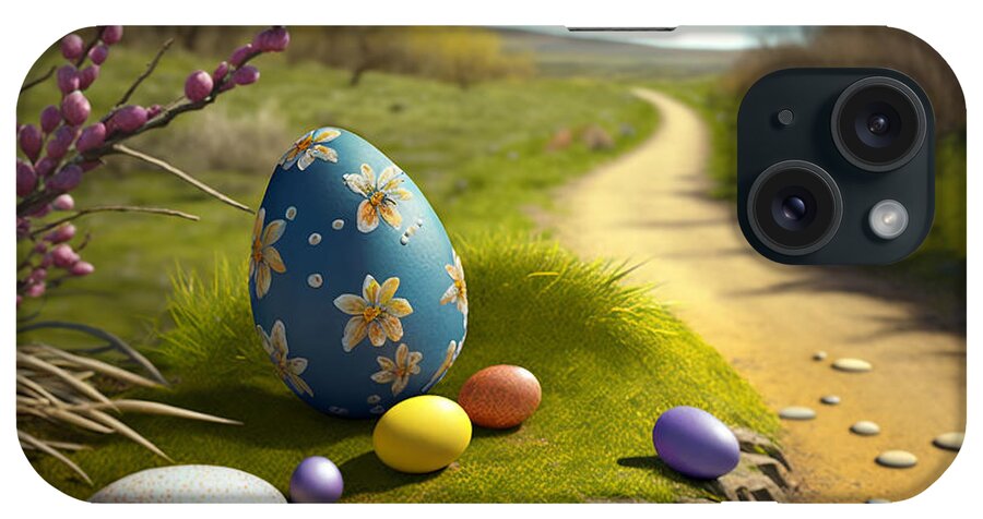 Trail iPhone Case featuring the digital art Trail of Easter Wonders, Photorealistic Egg Hunt Trail Full of Surprises by Jeff Creation