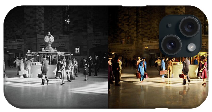 New York iPhone Case featuring the photograph Train Station - Meet me at the clock 1941 - Side by Side by Mike Savad