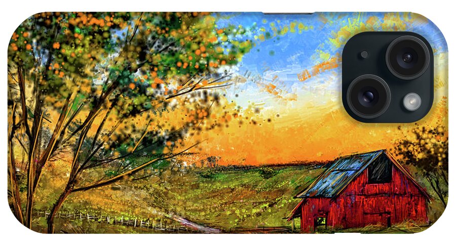 Red Barn iPhone Case featuring the painting Tranquil Sunset - Red Barn and Pastoral Artwork by Lourry Legarde