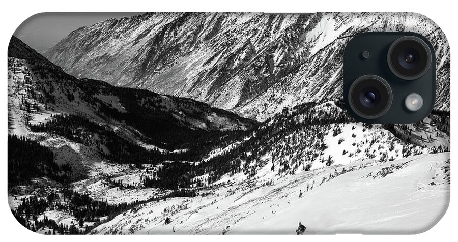 Utah iPhone Case featuring the photograph Tri Chute Skier in Black and White - White Pine Canyon, Utah by Brett Pelletier