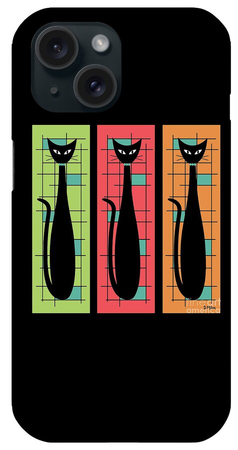 Mid Century Modern iPhone Case featuring the digital art Trio of Cats Green, Salmon and Orange on Black by Donna Mibus