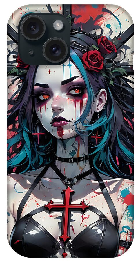 Tim Burton Style Punk Gothic Woman Tattoos Weird Graveyard Disturbing Gothic Crucifixes Trixie Sparks iPhone Case featuring the digital art Trixie Sparks by Tricky Woo