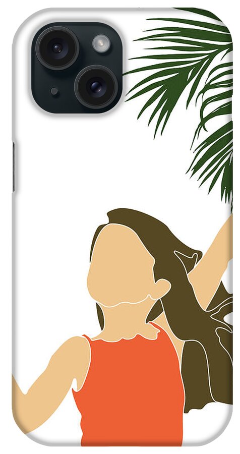 Tropical iPhone Case featuring the mixed media Tropical Reverie 20 - Modern, Minimal Illustration - Girl and Palm Leaves - Aesthetic Tropical Vibes by Studio Grafiikka