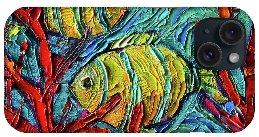 Tropical Fishes iPhone Case featuring the painting TROPICAL YELLOW FISHES UNDERWATER palette knife oil painting Mona Edulesco by Mona Edulesco