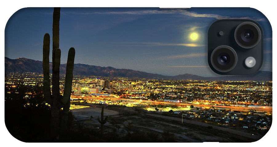 Tucson iPhone Case featuring the photograph Tucson Night Skyline and Saguaro Cactus Moonrise by Chance Kafka