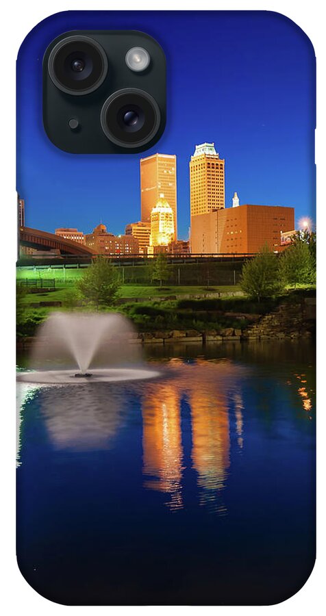 Tulsa Skyline iPhone Case featuring the photograph Tulsa Skyline Over Centennial Park Lake and Fountain by Gregory Ballos