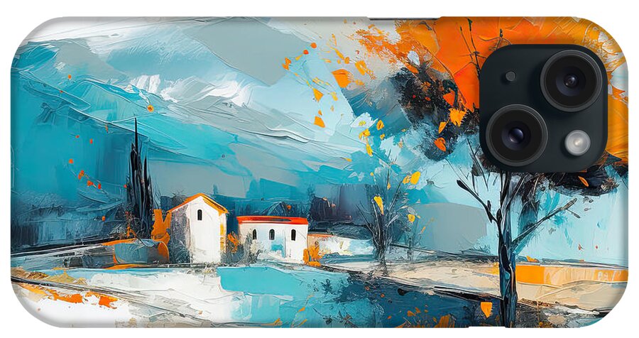 Turquoise And Orange iPhone Case featuring the painting Turquoise and Orange Tuscan Landscapes - Modern Impressionist Art by Lourry Legarde