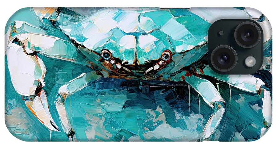 Seashell iPhone Case featuring the painting Turquoise and White Crab - Turquoise and White Art by Lourry Legarde