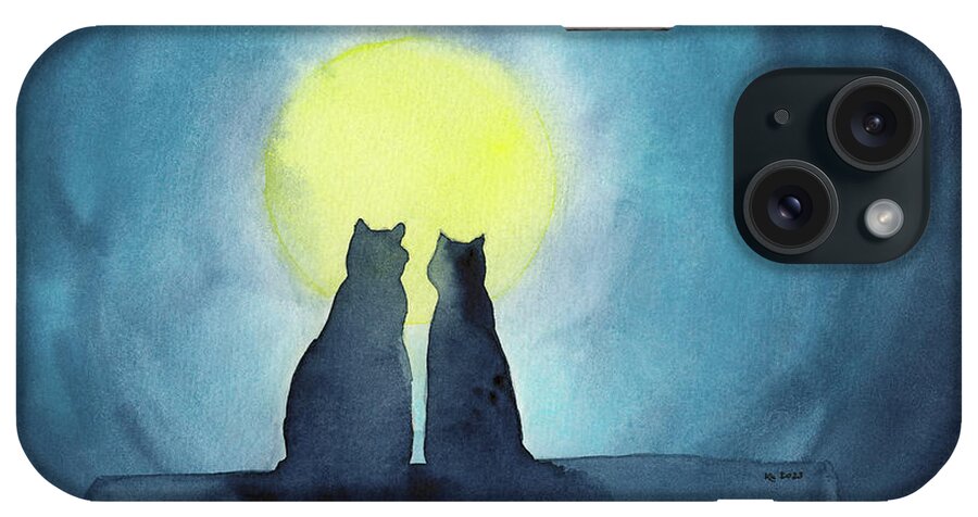 Cat iPhone Case featuring the painting Two cats and a full moon by Karen Kaspar
