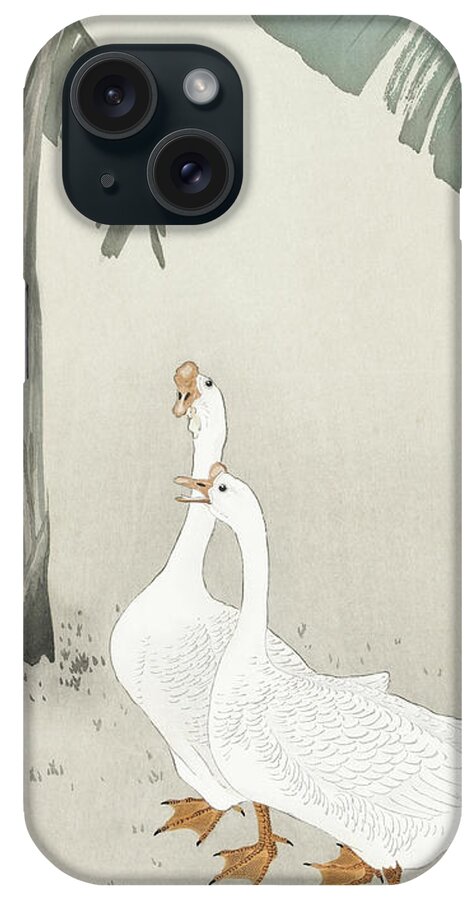 Birds iPhone Case featuring the painting Two geese at banana tree by Ohara Koson