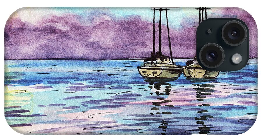 Boats iPhone Case featuring the painting Two Sailboats Resting In The Ocean Purple Clouds Watercolor Beach Art by Irina Sztukowski