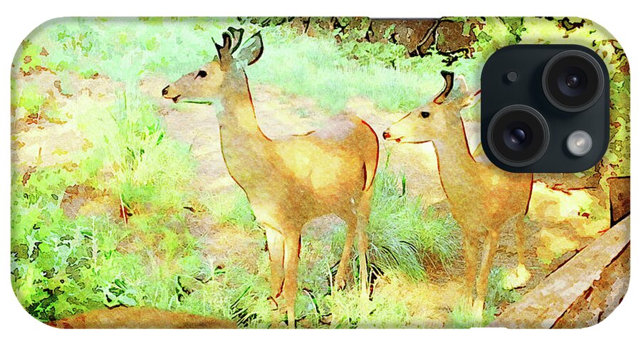Animal iPhone Case featuring the mixed media Two Young Bucks in Velvet by Shelli Fitzpatrick