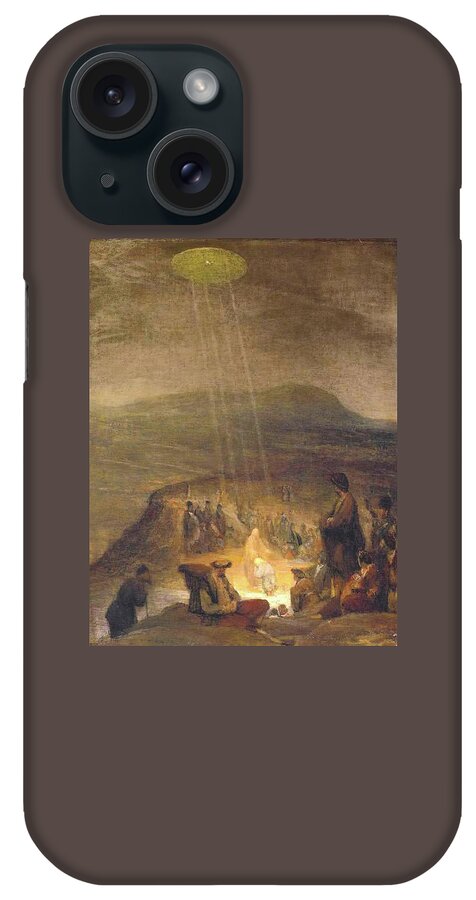 Ufos iPhone Case featuring the digital art UFOs in Ancient Art. Baptism of Christ, 1710, Painting by, Aert de Gelder. by Tom Hill