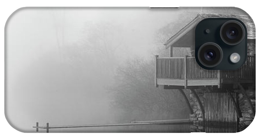 Panorama iPhone Case featuring the photograph Ullswater boat house in the mist black and white lake district by Sonny Ryse