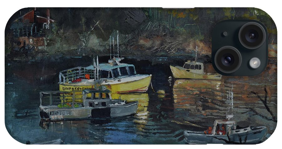 Lobster Boats iPhone Case featuring the painting Unpredictible Birch Harbor-Darker Version by Jan Dappen