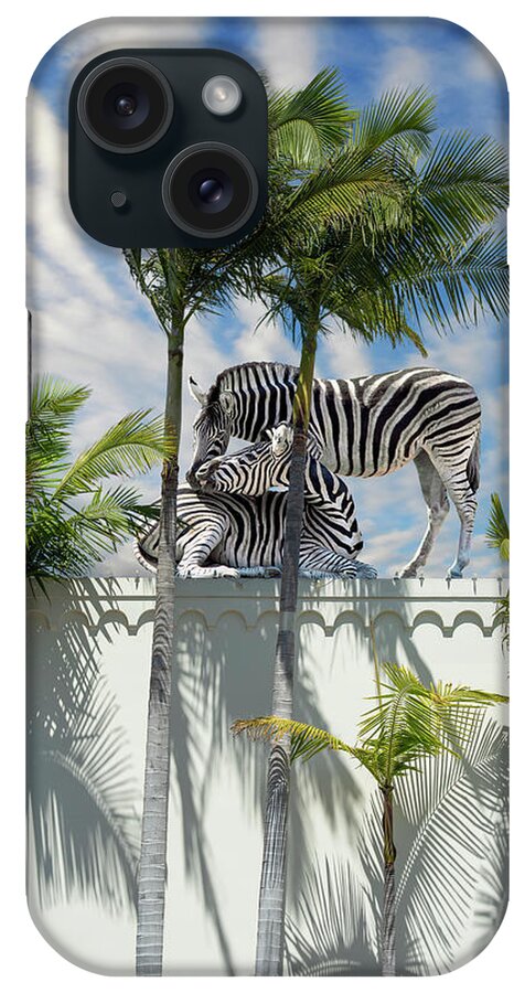 Surrealistic Surrealism Surreal Digital Photograph Zebra Couple Pair Palm Trees Stripes Natural Camouflage Clouds Shadows Shapes Building Top Roof Santa Barbara Whimsical Funny Happy Loving Romantic Nature Wild Animals Heartwarming Sweet Unexpected Sunny Beautiful Weather Balmy Fantasy Digital Art Unreal Beyond Real Unusual Unearthly Uncanny Dreamlike Dreamscape Retouched Photoshop Edited Curious Imagination Make-believe Creative Creativity Vision Daydream Fanciful Illusion Original Mind's Eye iPhone Case featuring the photograph Urban Camouflage by Perry Hambright