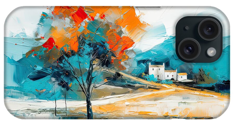 Turquoise And Orange iPhone Case featuring the painting uscan Paradise - Vibrant Turquoise and Orange Landscapes in Impressionist Style by Lourry Legarde