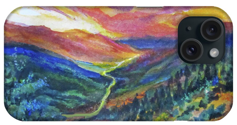 Colorful Mountain Valley iPhone Case featuring the painting Valley Mountain River by Jean Batzell Fitzgerald