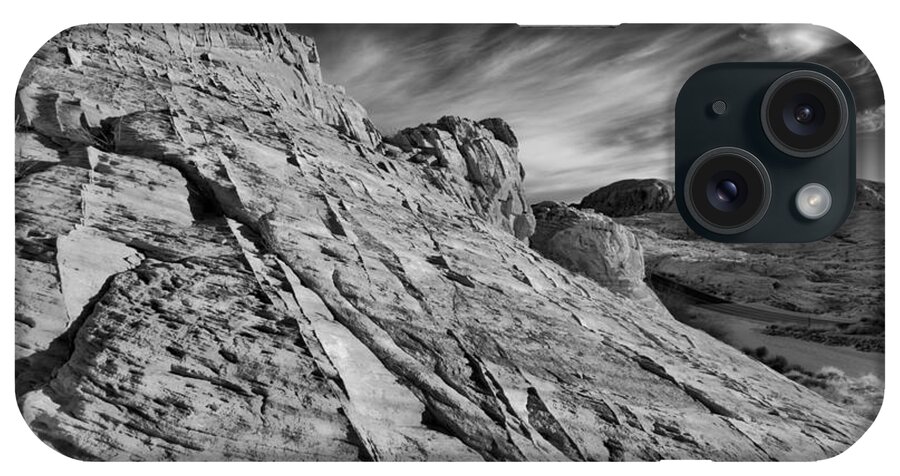 Valley Of Fire iPhone Case featuring the photograph Valley Of Fire Towering Butte Black And White by Adam Jewell