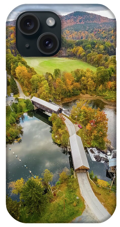 Hartland Vermont iPhone Case featuring the photograph Vertical Vermont autumn colors over the Willard Twin Bridges by Jeff Folger